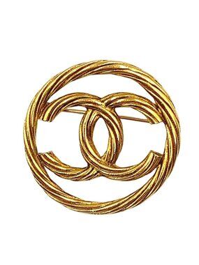 Chanel CC Logo Round Twist Gold Plated Brooch